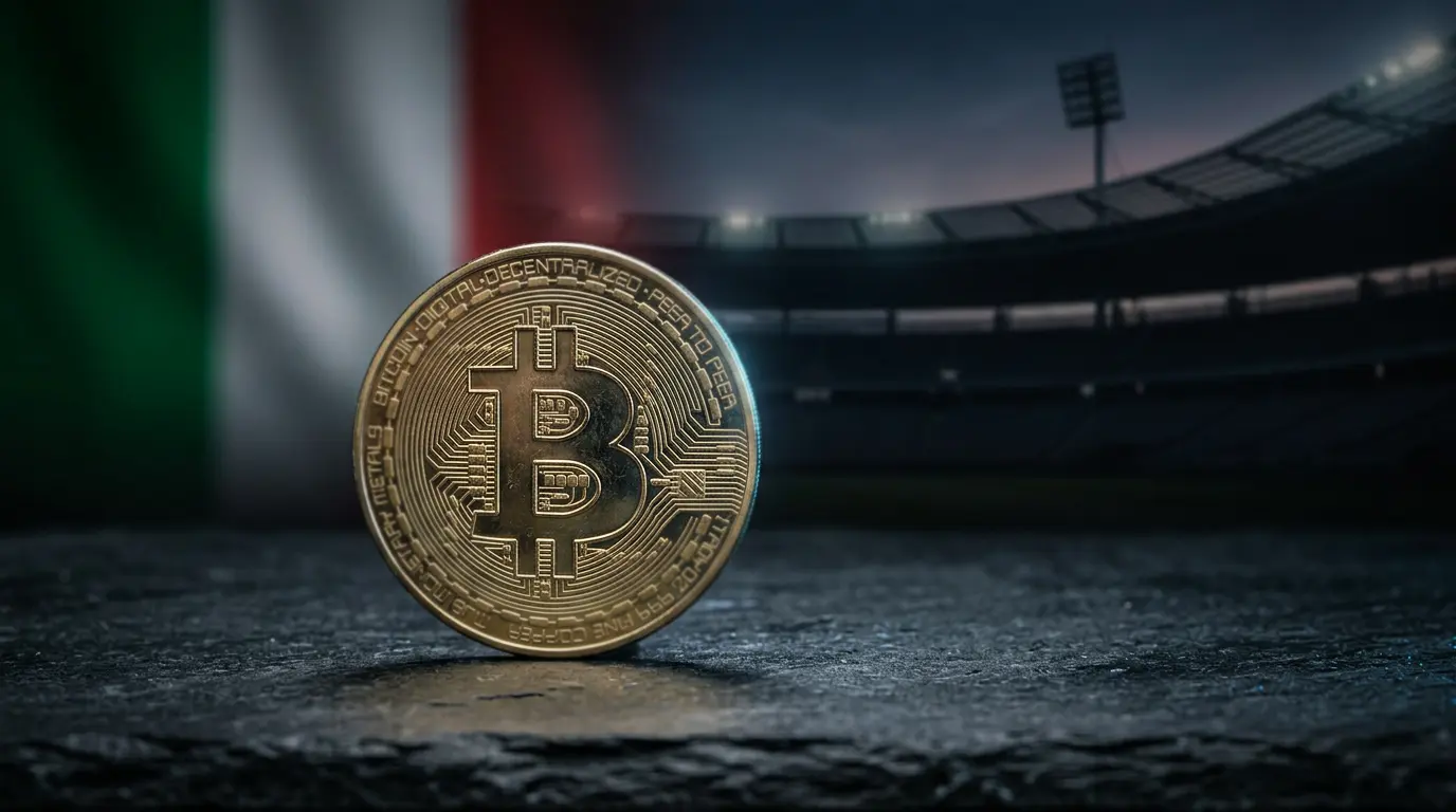 Simbolo Bitcoin sopra il logo ADM con sfondo del Tricolore italiano