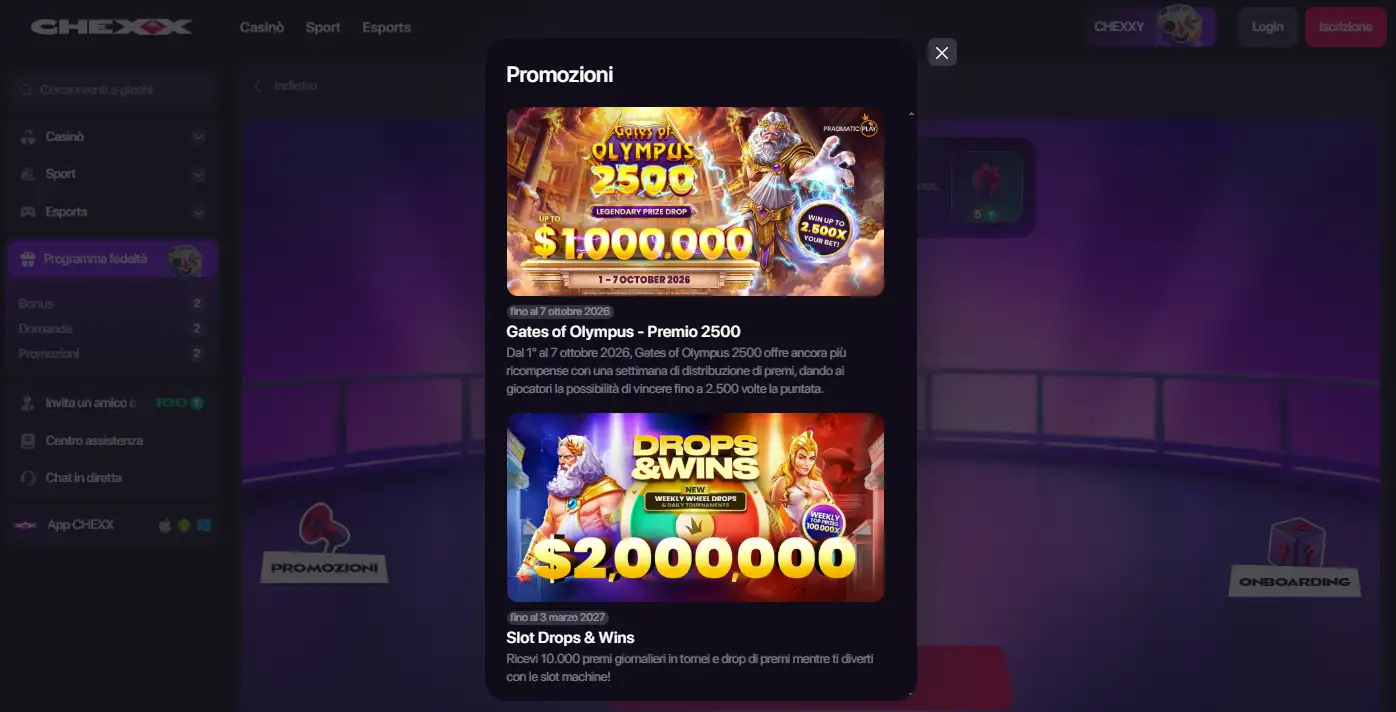 Tre livelli del pacchetto bonus CHEXX con giri gratis