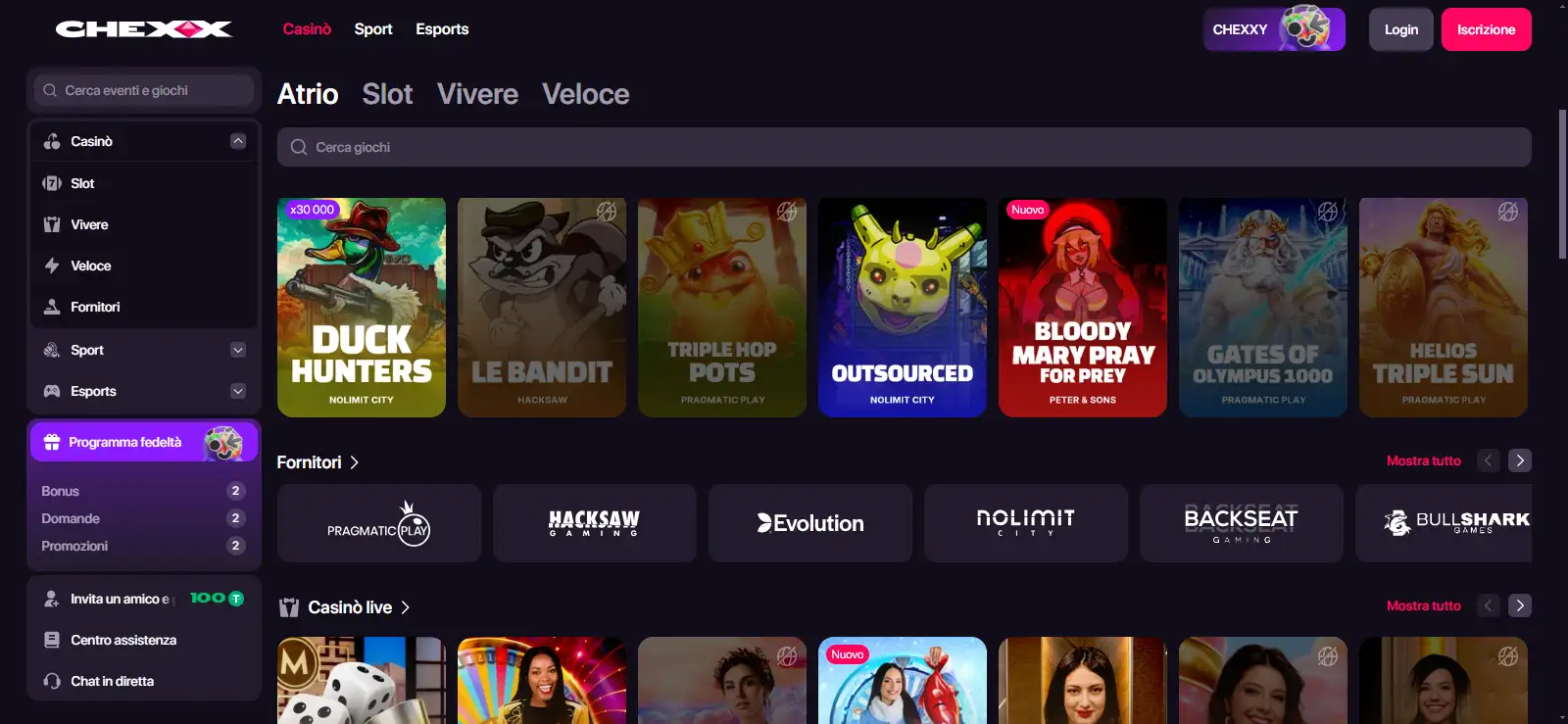 Lobby CHEXX con categorie, filtri e griglia di giochi