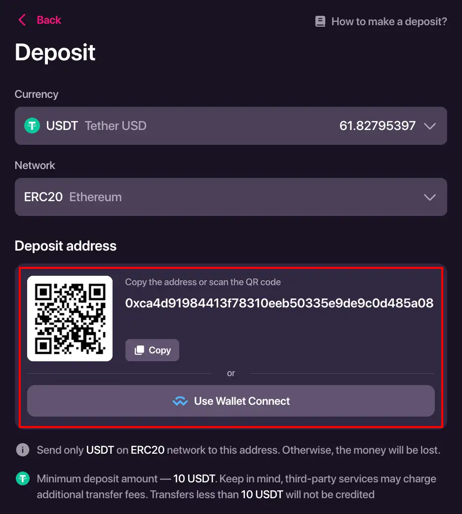Selettori di criptovaluta e rete nella finestra deposito CHEXX