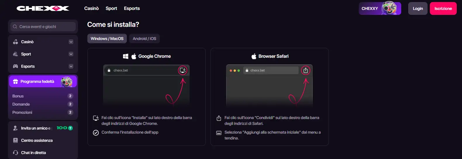 Pagina PWA CHEXX con opzioni per quattro piattaforme