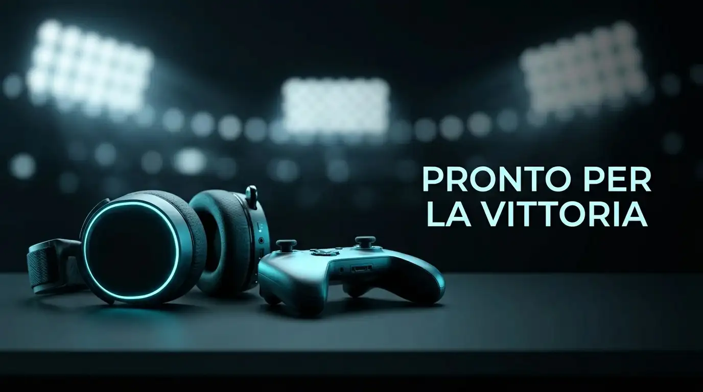 Cuffie e controller con luci da stadio sullo sfondo