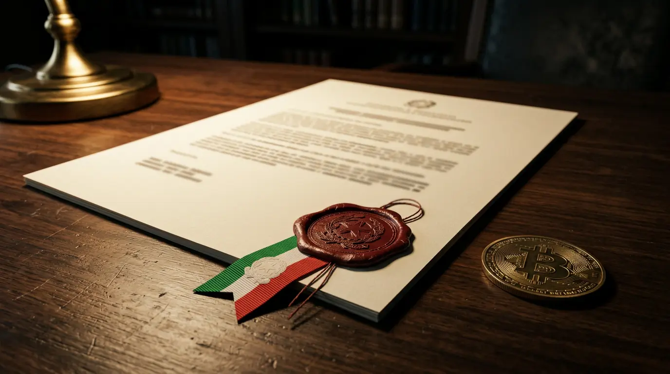 Documento di concessione ADM con bandiera italiana e simbolo Bitcoin