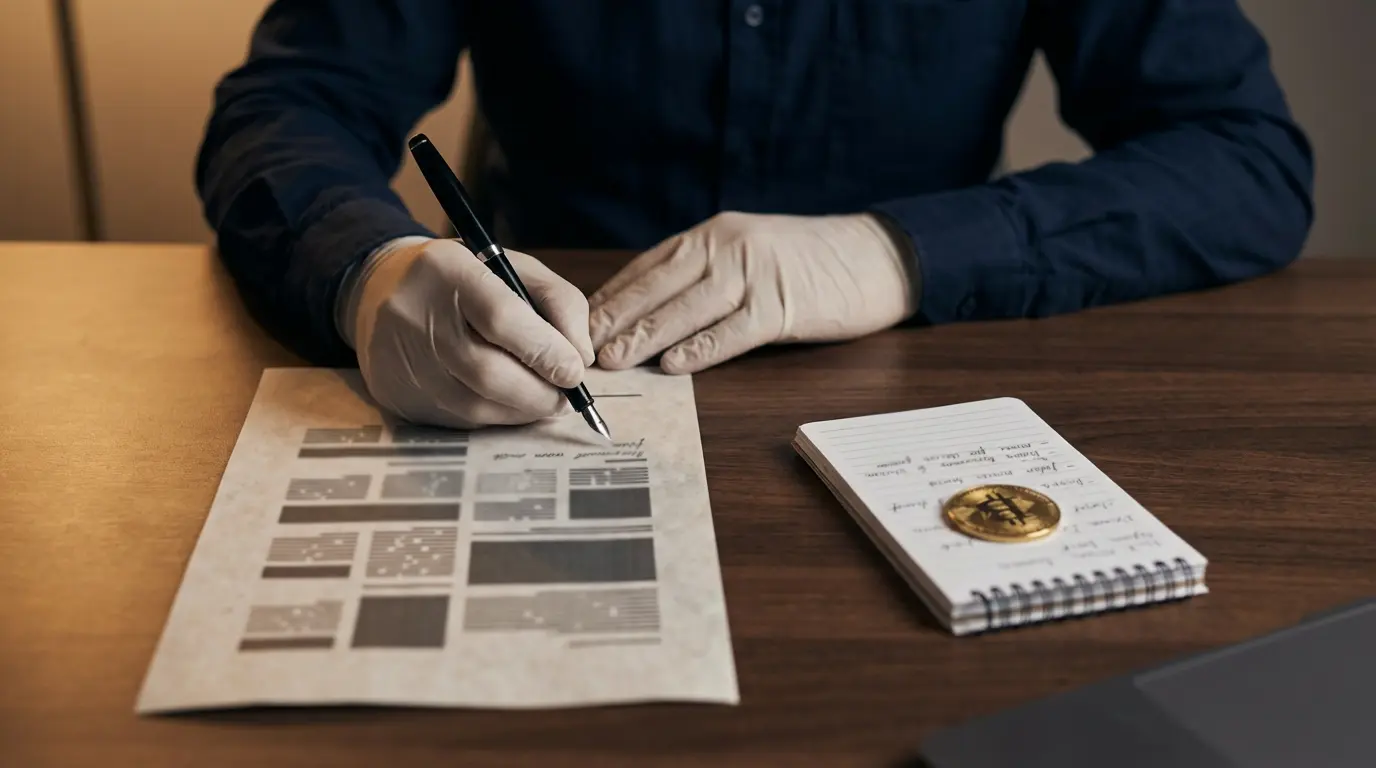 Persona che esamina un documento fiscale con annotazioni a mano sull'aliquota cripto