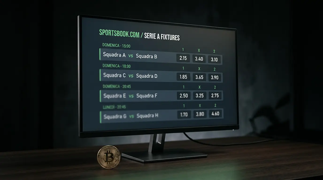Schermo con palinsesto di scommesse calcio e quote a confronto fra cripto e euro